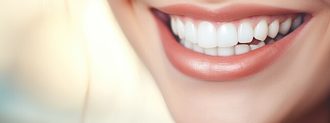 Beautiful female smile after teeth whitening procedure on light background. Dental care. Dentistry...