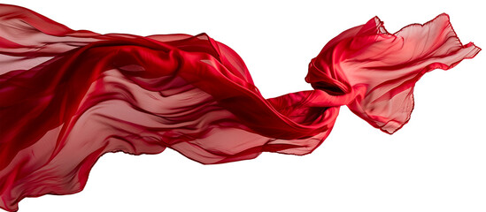 Flying red silk fabric. Waving satin cloth isolated on transparent background.