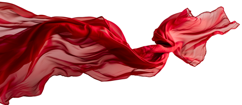 Flying red silk fabric. Waving satin cloth isolated on transparent background.