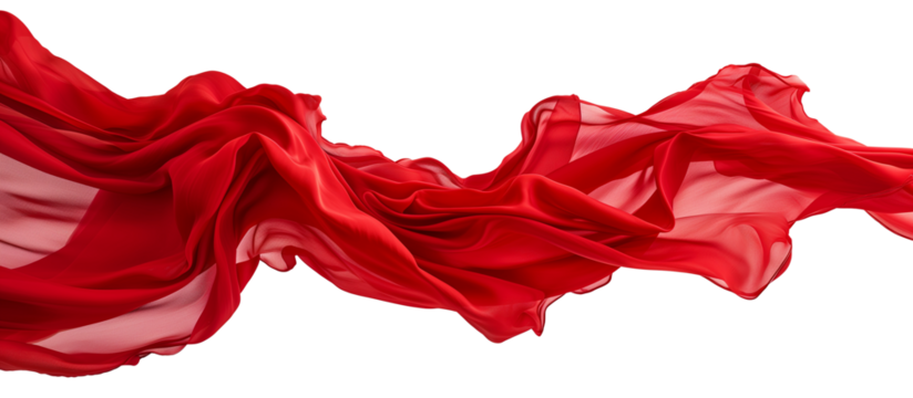 Flying red silk fabric. Waving satin cloth isolated on transparent background.