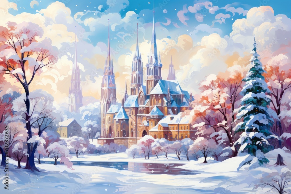 Wall mural Snow-Covered Churches - Generative AI