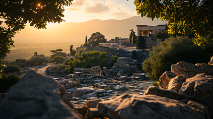 A photo of the ruins of Knossos in Crete, with Mediterranean landscape as the background, during a warm evening