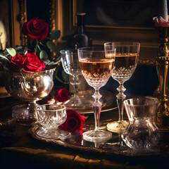 A retro set table for an party of drinking glasses. Sharp shadow, vintage concept. Vintage scene.	