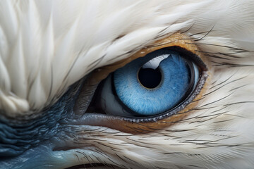 Close-up view of a northern gannet's blue eye and stained feather detailing, showcasing its natural beauty