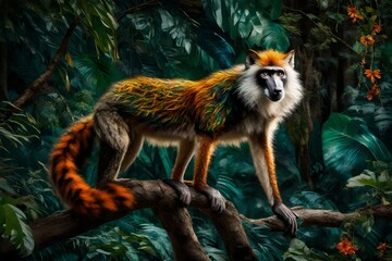 A Wolf's Mona Monkey, adorned with vibrant fur and captivating patterns, gracefully swings from branch to branch
