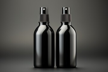 Black Plastic Spray Bottle Mockup - Two Bottles. 3D Illustration , blank levels