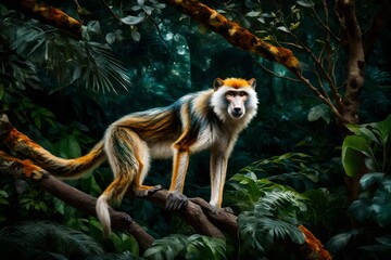 A Wolf's Mona Monkey, adorned with vibrant fur and captivating patterns, gracefully swings from branch to branch