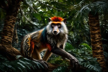 A Wolf's Mona Monkey, adorned with vibrant fur and captivating patterns, gracefully swings from branch to branch