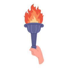 Burning torch with flame in hand. Symbol of competition victory, champion. Vector illustration in flat style