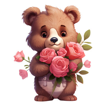 Teddy bear holding roses in paws. AI generated image