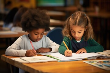 Multiracial elementary school students are writing in the classroom