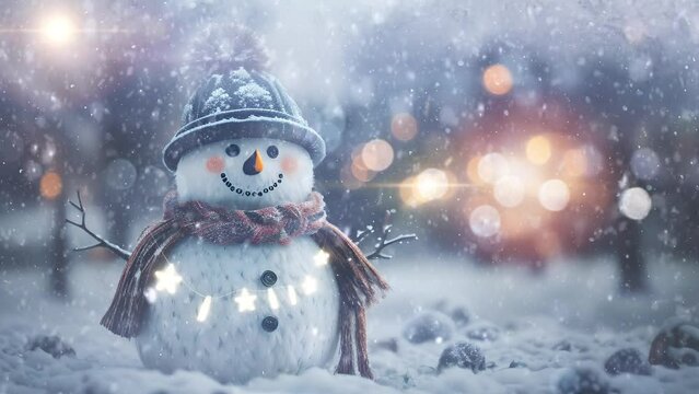 Christmas Still Life with Defocused Lights in Background and Snowflakes Falling. snowman christmas character icon, winter holiday background