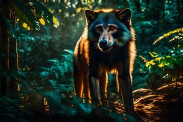 Picture a surreal scene where a Wolf's Mona Monkey, surrounded by the soft glow of ideal lighting, leaps playfully