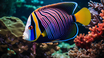 Fototapeta na wymiar Emperor angelfish Pomacanthus imperator swimming