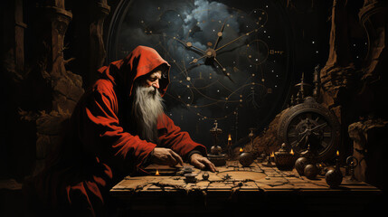 wizard, monk sitting at table - obrazy, fototapety, plakaty