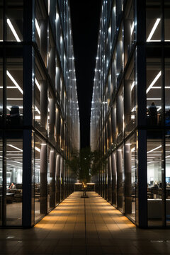 Modern Height Glass And Steel Building With A Single Plant As Focus Point At Night, Pathway Between Two Tall Modern Glass Building  