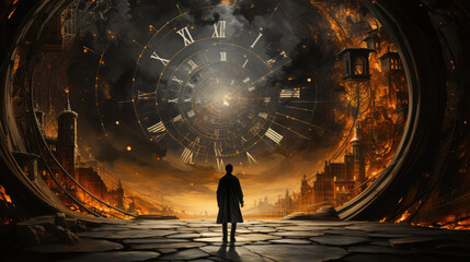 man stands beneath enormous clock - obrazy, fototapety, plakaty