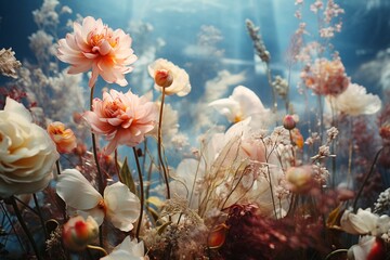 Fototapeta na wymiar Ethereal Blooms: Serene Field of Delicate Flowers in Soft, Dreamy Light