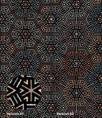 Geometric composition of hexagons with a modern labyrinth design. Intricate multicolored lines on a black background. Seamless repeating pattern.