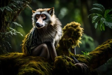Amidst the enchanting foliage of a tropical paradise, a Wolf's Mona Monkey perches on a moss-covered branch,