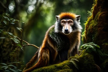 Amidst the enchanting foliage of a tropical paradise, a Wolf's Mona Monkey perches on a moss-covered branch,