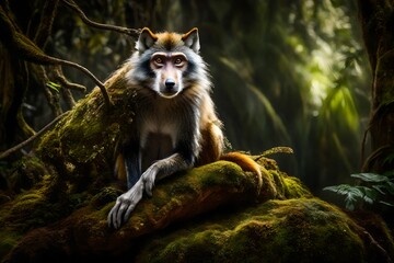 Amidst the enchanting foliage of a tropical paradise, a Wolf's Mona Monkey perches on a moss-covered branch,