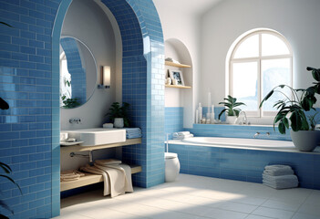 Minimalist white bathroom design with blue subway tiles, round mirror curve arch building shelves and white clean bathtub and window
