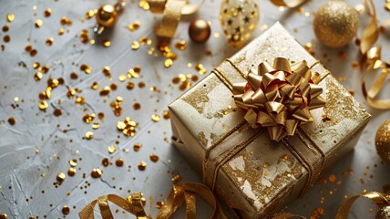 Fototapeta na wymiar Golden Elegance: Gift Box with Ribbon for Festive Occasions
