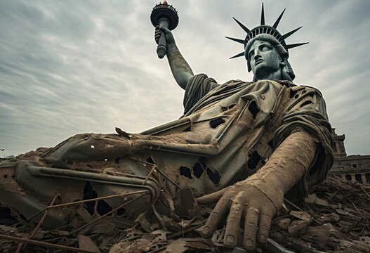 Abandoned of the statue of liberty, destroyed,  end of the world,  Apocalyptic vision of the future world - Disaster concept for climate change, global war, terrorism or alien attack