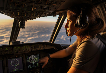 female Air force military co pilot operated systems in jet cockpit cabin  