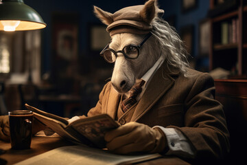 A horse wearing reading glasses and perusing a novel, showcasing the intellectual side of equine literature enthusiasts. Concept of literary horses. Generative Ai.