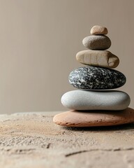 Harmony in Stone: Minimal and Modern Spa Concept with Stack of Pebbles against Beige Wall