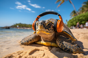 Turtle on the beach wearing large headphones. Vacation concept. Generated by artificial intelligence - obrazy, fototapety, plakaty