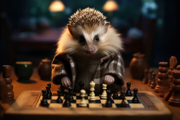 A hedgehog engaged in a friendly game of chess, showcasing the strategic prowess of spiky woodland creatures. Concept of hedgehog chess masters. Generative Ai. - obrazy, fototapety, plakaty