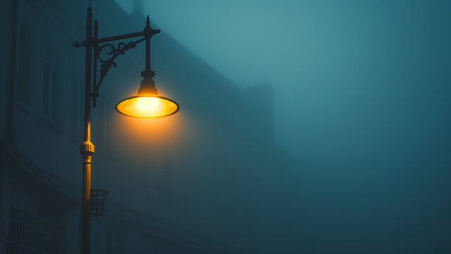 Vintage street lamp casting a warm light on a foggy urban evening