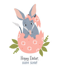Cute Easter bilby in egg. Australian animal is wild mammal. Easter greeting card. Vector illustration in flat cartoon style.