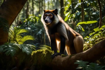 In a sunlit clearing of a dense rainforest, a Wolf's Mona Monkey captivates with its playful antics, the perfect lighting accentuating