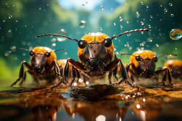 A group of beetles participating in a synchronized swimming routine in a puddle, showcasing the unexpected talents of aquatic insects. Concept of synchronized beetle swimming. Generative Ai.