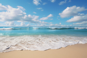 Fototapeta premium A serene beach with golden sand and azure waters, capturing the idyllic essence of coastal paradises. Concept of beach tranquility. Generative Ai.