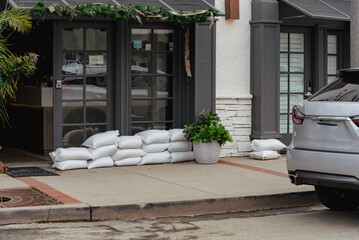 Sandstorm bags at the door of a commercial establishment, in case of flooding caused by heavy rain.