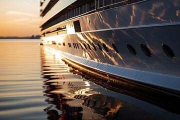 A close-up of a cruise ship at sunset, with the reflection of the sun on the water