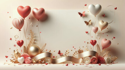 Romantic Valentine's Day themed image backgrounds with red and pink heart balloons, gifts, and flowers against a soft, light background with copy space.