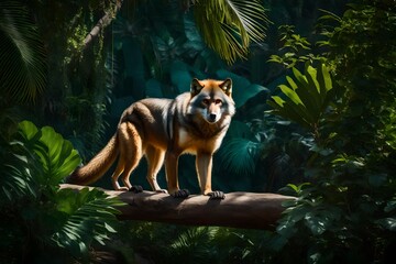 Against the backdrop of a tropical haven, a Wolf's Mona Monkey moves gracefully, its fur shimmering in the perfect