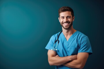 Portrait of a smiling happy male medical doctor or nurse standing isolate on blue background, Medical concept.