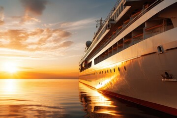 Naklejka premium A close-up of a cruise ship at sunset, with the reflection of the sun on the water