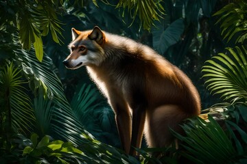 Against the backdrop of a tropical haven, a Wolf's Mona Monkey moves gracefully, its fur shimmering in the perfect