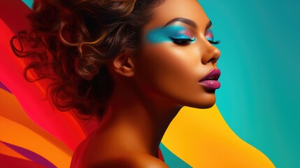 High fashion model woman in colorful bright lights posing in studio, Portrait of beautiful sexy girl with trendy make-up on colorful background. - obrazy, fototapety, plakaty