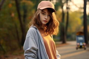 Cute teen girl with a skateboard, outdoors wearing trendy clothing