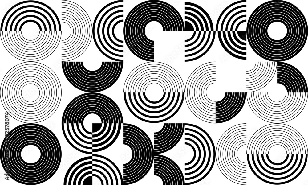 Poster Geometric seamless pattern in bauhaus style. Colorful abstract shapes background in swiss style. Flat vector illustration isolated on white background.