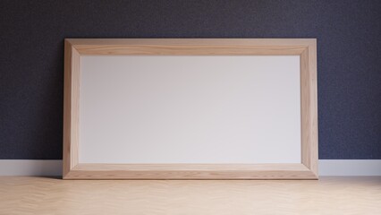 Fototapeta na wymiar Empty wooden frame on floor, 3d wooden frame, 3d render picture frame